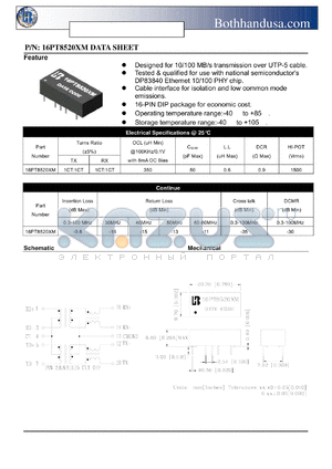 16PT8520XM datasheet - 10/100 BASE-T TRANSFORMER