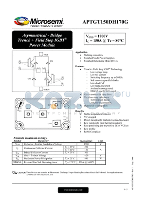 APTGT150DH170G datasheet - Asymmetrical - Bridge Trench  Field Stop IGBT Power Module