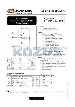 APTGT150SK60TG datasheet - Buck chopper Trench  Field Stop IGBT Power Module