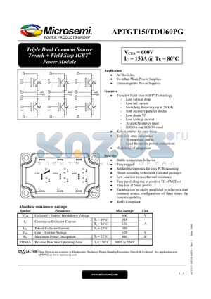 APTGT150TDU60PG datasheet - Triple Dual Common Source Trench  Field Stop IGBT Power Module