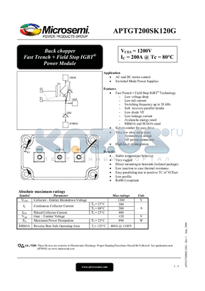 APTGT200SK120G datasheet - Buck chopper Fast Trench  Field Stop IGBT Power Module