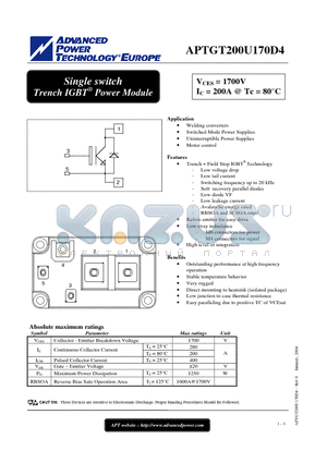APTGT200U170D4 datasheet - Single switch Trench IGBT Power Module
