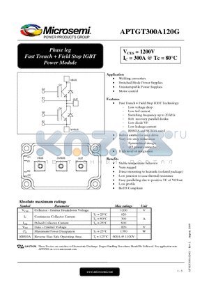 APTGT300A120G datasheet - Phase leg Fast Trench  Field Stop IGBT Power Module