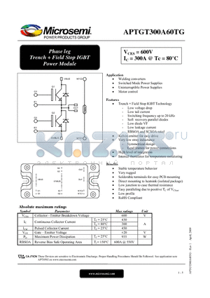 APTGT300A60TG datasheet - Phase leg Trench  Field Stop IGBT Power Module