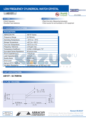 AB15T datasheet - LOW FREQUENCY CYLINDRICAL WATCH CRYSTAL