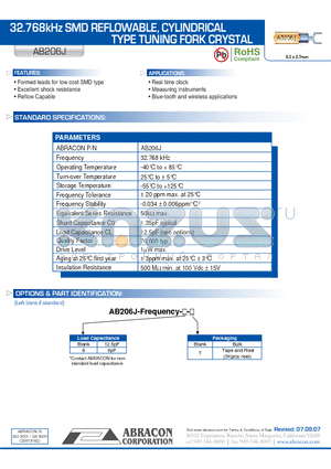 AB206J datasheet - 32.768kHz SMD REFLOWABLE, CYLINDRICAL TYPE TUNING FORK CRYSTAL