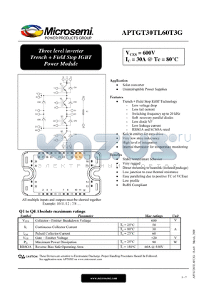 APTGT30TL60T3G datasheet - Three level inverter Trench  Field Stop IGBT Power Module