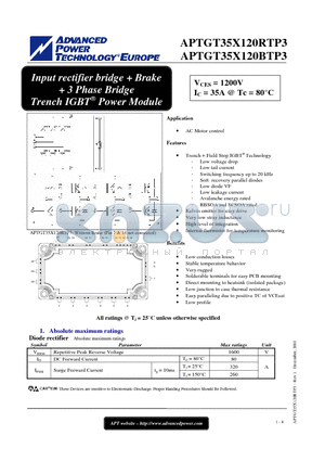 APTGT35X120RTP3 datasheet - Input rectifier bridge  Brake  3 Phase Bridge Trench IGBT Power Module