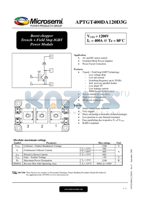 APTGT400DA120D3G datasheet - Boost chopper Trench  Field Stop IGBT Power Module