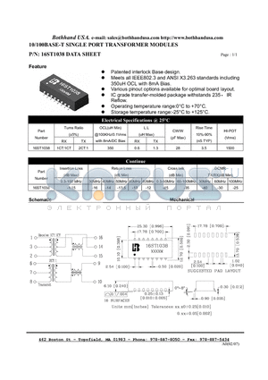 16ST1038 datasheet - 10/100BASE-T SINGLE PORT TRANSFORMER MODULES