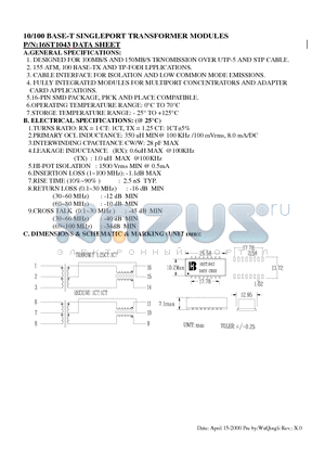 16ST1043 datasheet - 10/100 BASE-T SINGLEPORT TRANSFORMER MODULES