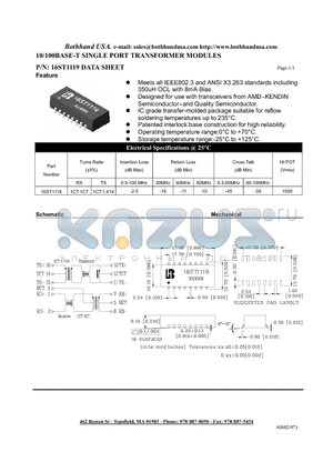 16ST1119 datasheet - 10/100BASE-T SINGLE PORT TRANSFORMER MODULES