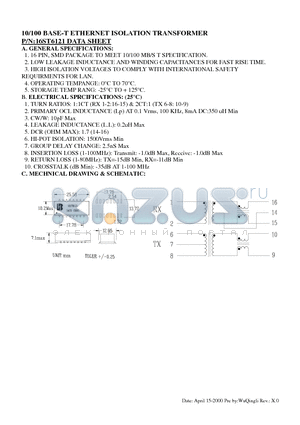 16ST6121 datasheet - 10/100 BASE-T ETHERNET ISOLATION TRANSFORMER