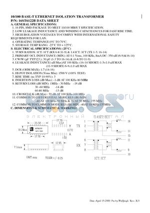 16ST6122B datasheet - 10/100 BASE-T ETHERNET ISOLATION TRANSFORMER