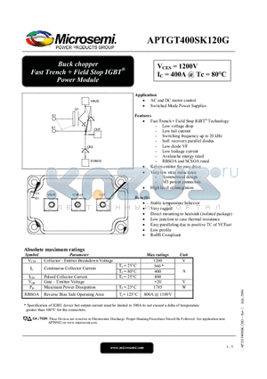 APTGT400SK120G datasheet - Buck chopper Fast Trench  Field Stop IGBT Power Module