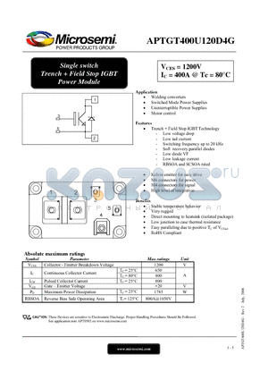 APTGT400U120D4G datasheet - Single switch Trench  Field Stop IGBT Power Module