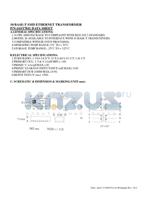 16ST7011 datasheet - 10 BASE-T SMD ETHERNET TRANSFORMER