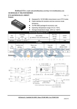 16ST8510 datasheet - 10/100 BASE-T TRANSFORMER