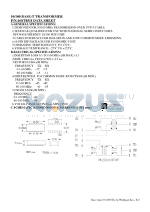 16ST8511 datasheet - 10/100 BASE-T TRANSFORMER