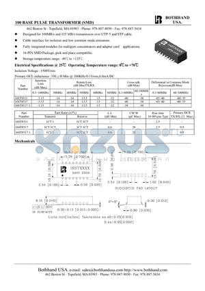 16ST8511 datasheet - 100 BASE PULSE TRANSFORMER (SMD)