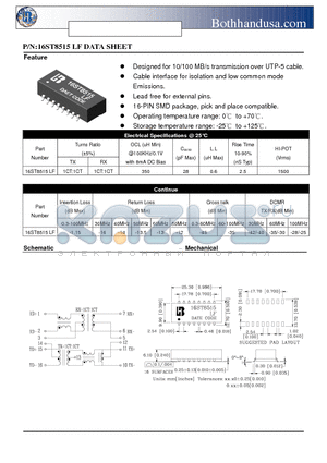 16ST8515-LF datasheet - 10/100 BASE-T TRANSFORMER