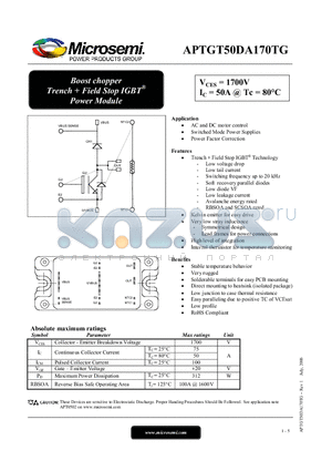 APTGT50DA170TG datasheet - Boost chopper Trench  Field Stop IGBT Power Module