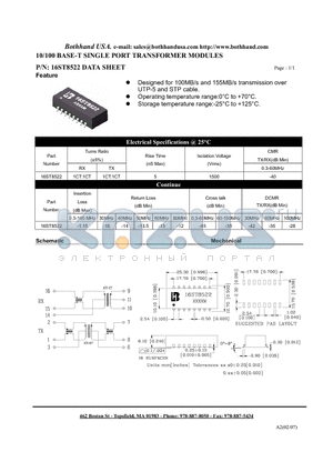 16ST8522 datasheet - 10/100 BASE-T SINGLE PORT TRANSFORMER MODULES