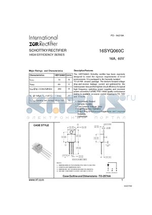 16SYQ060C datasheet - SCHOTTKY RECTIFIER HIGH EFFICIENCY SERIES