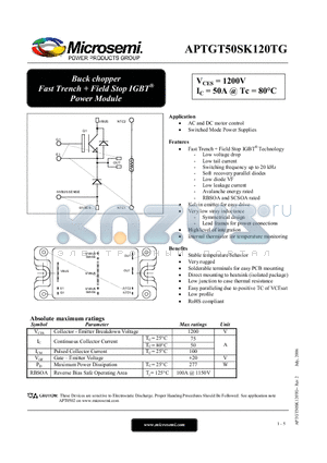 APTGT50SK120TG datasheet - Buck chopper Fast Trench  Field Stop IGBT Power Module