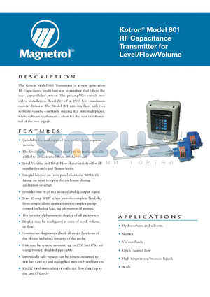 801-2031-A40 datasheet - Kotron^ Model 801 RF Capacitance Transmitter for Level/Flow/Volume