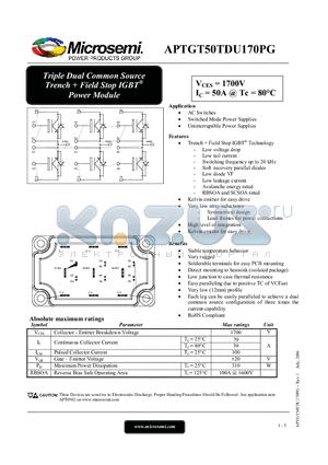 APTGT50TDU170PG datasheet - Triple Dual Common Source Trench  Field Stop IGBT Power Module