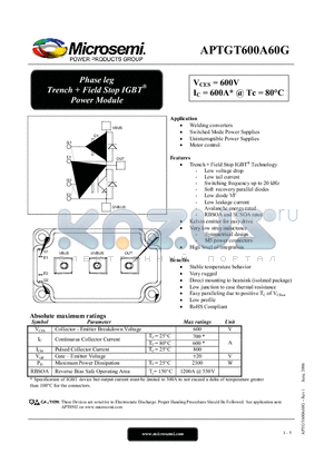 APTGT600A60G datasheet - Phase leg Trench  Field Stop IGBT Power Module