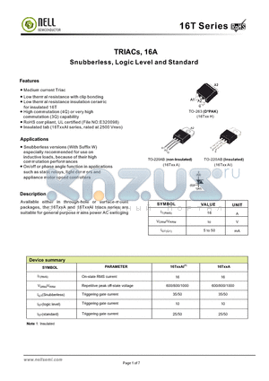 16T08H-SW datasheet - TRIACs, 16A Snubberless, Logic Level and Standard
