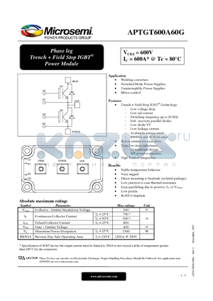 APTGT600A60G_07 datasheet - Phase leg Trench  Field Stop IGBT Power Module