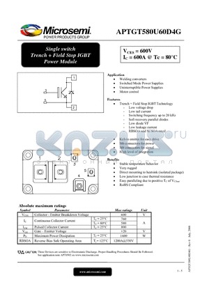 APTGT580U60D4G datasheet - Single switch Trench  Field Stop IGBT Power Module