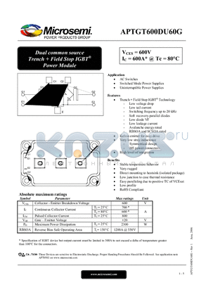 APTGT600DU60G datasheet - Dual common source Trench  Field Stop IGBT Power Module