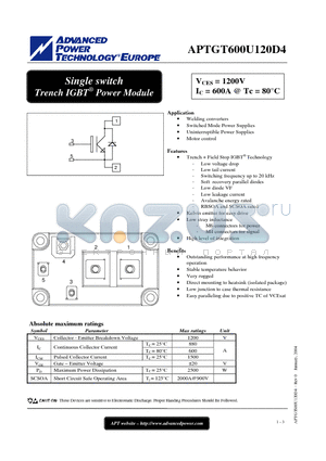 APTGT600U120D4 datasheet - Single switch Trench IGBT Power Module