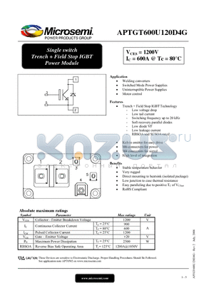 APTGT600U120D4G datasheet - Single switch Trench  Field Stop IGBT Power Module