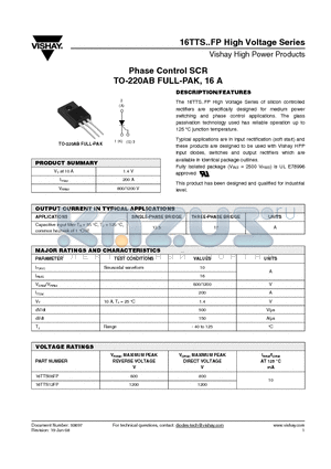 16TTS08FP datasheet - Phase Control SCR TO-220AB FULL-PAK, 16 A