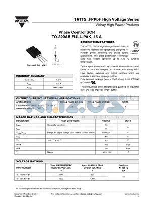 16TTS08FPPBF datasheet - Phase Control SCR TO-220AB FULL-PAK, 16 A