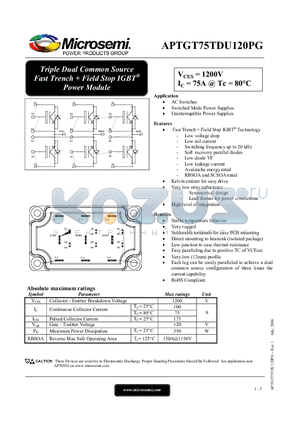 APTGT75TDU120PG datasheet - Triple Dual Common Source Fast Trench  Field Stop IGBT Power Module