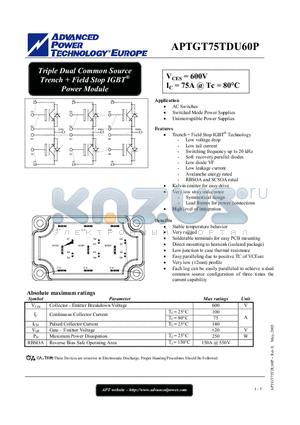 APTGT75TDU60P datasheet - Triple Dual Common Source Trench  Field Stop IGBT Power Module