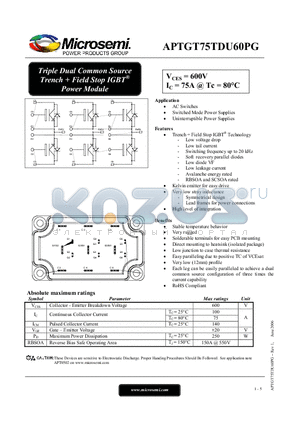 APTGT75TDU60PG datasheet - Triple Dual Common Source Trench  Field Stop IGBT Power Module