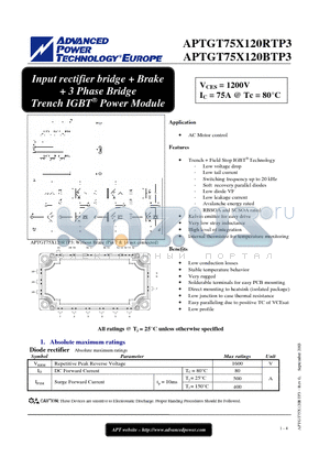 APTGT75X120RTP3 datasheet - Input rectifier bridge  Brake  3 Phase Bridge Trench IGBT Power Module