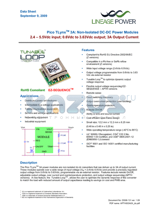 APTH003A0X-SR datasheet - 2.4 - 5.5Vdc input; 0.6Vdc to 3.63Vdc output; 3A output current