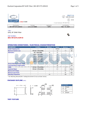 801-RF1575.42M-D datasheet - GPS, RF SAW Filter