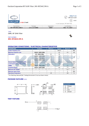 801-RF2642.5M-A datasheet - DBM, RF SAW Filter