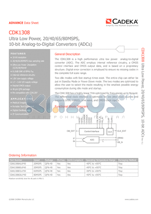 CDK1308CILP40 datasheet - Ultra Low Power, 20/40/65/80MSPS, 10-bit Analog-to-Digital Converters (ADCs)