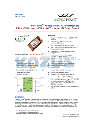 APTH012A0X43-SRZ datasheet - 2.4 - 5.5Vdc input; 0.6Vdc to 3.63Vdc output; 12A output current