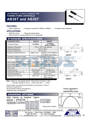 AB26T datasheet - LOW FREQUENCY, 32.768kHz CYLINDRICAL TYPE TUNING FORK CRYSTALS